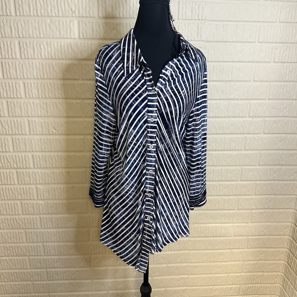 Boho Chic Womens Shirt Dress Blue White Stripe Long Sleeve Button Up S Collared
